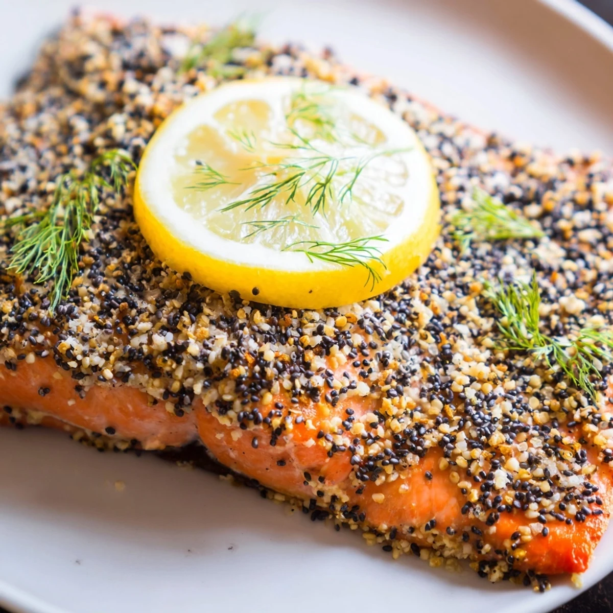 Freshly baked Baked Salmon with Everything Bagel Seasoning fillets with golden, crispy edges and lemon slices on a baking sheet.