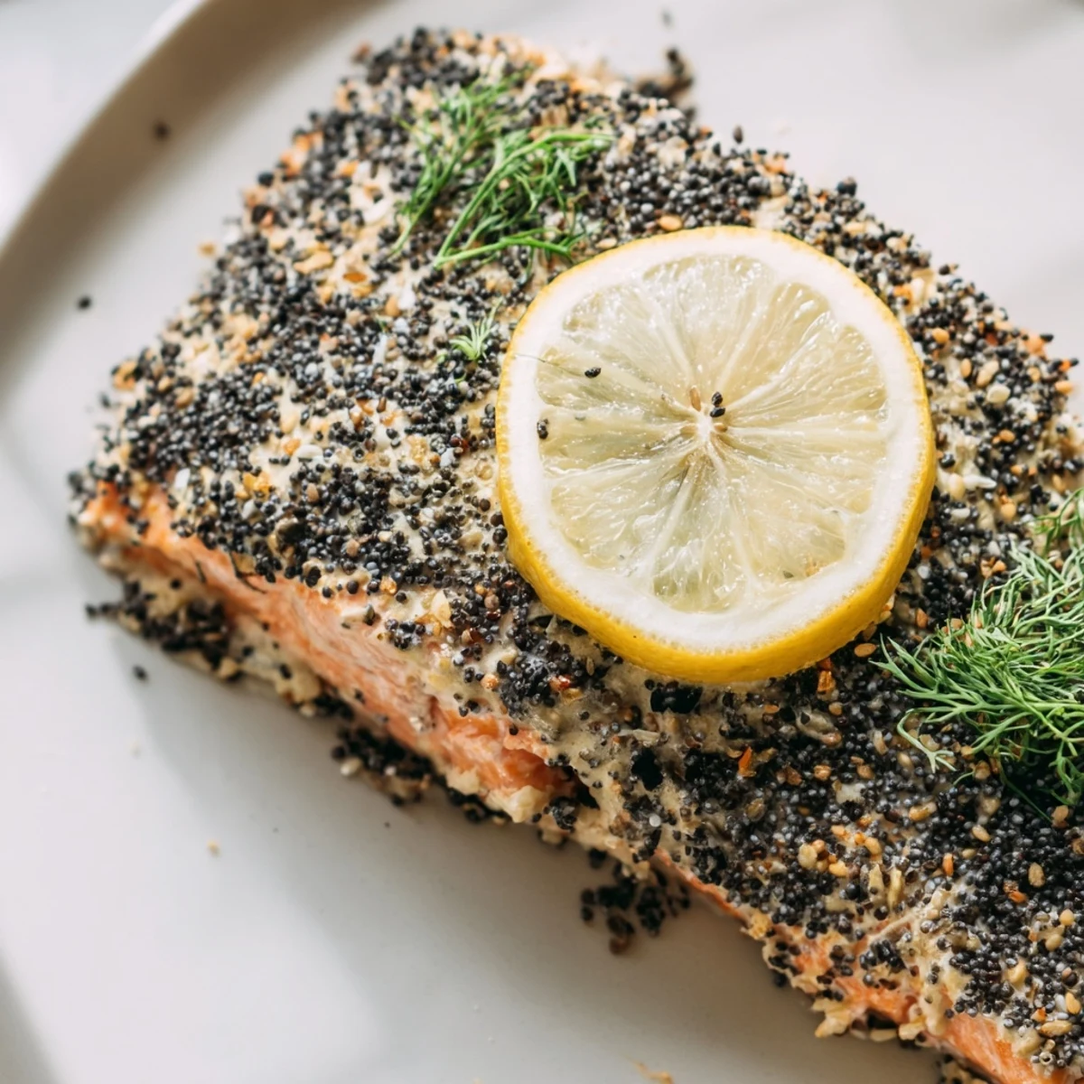 Flaky and tender fish topped with savory everything bagel seasoning and fresh dill garnish, served with lemon wedges.