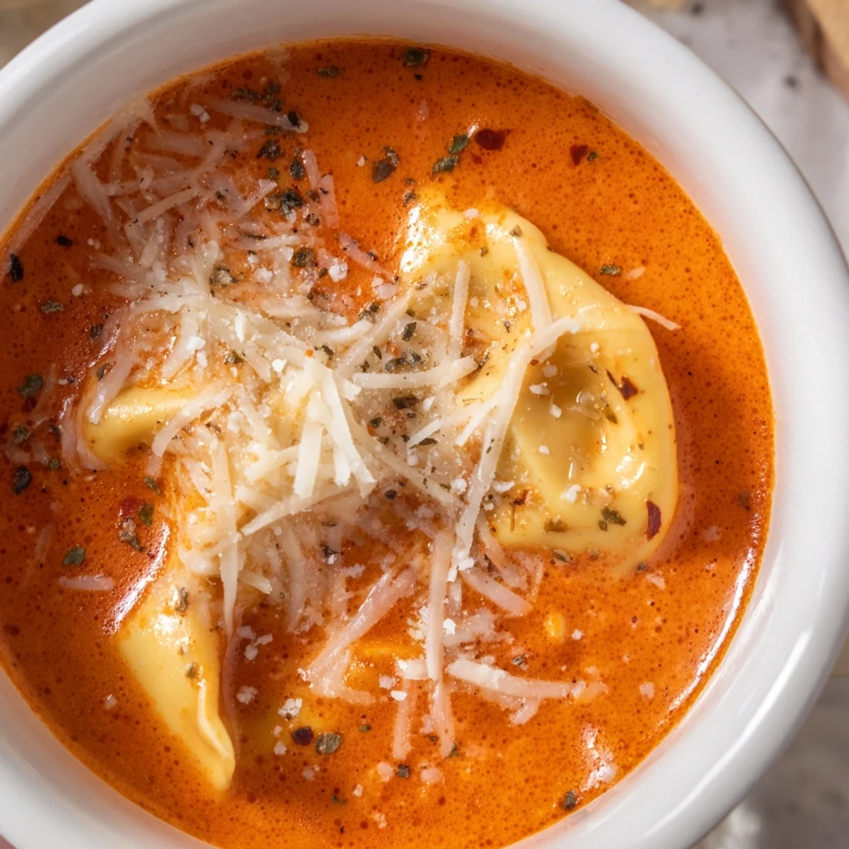 Creamy Tomato Tortellini Soup steaming in a white bowl, topped with fresh basil and grated Parmesan.