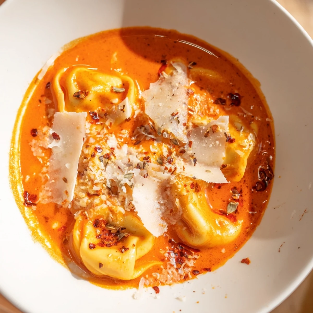 A bowl of Creamy Tomato Tortellini Soup with visible cheese tortellini and a swirl of cream.
