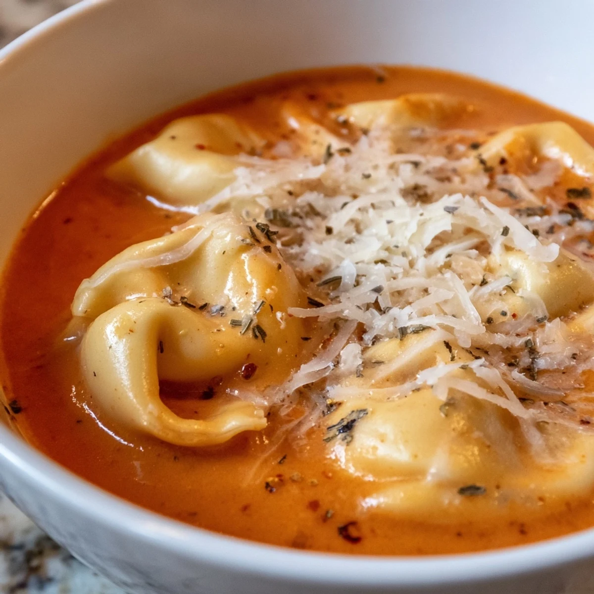 Served Creamy Tomato Tortellini Soup beside crusty bread, perfect for dipping into the rich broth.