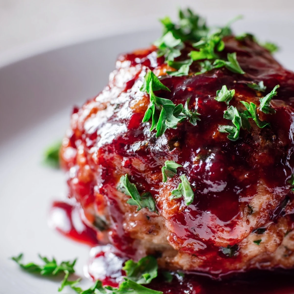 Freshly baked turkey meatballs with cranberry glaze in a white serving bowl garnished with parsley.