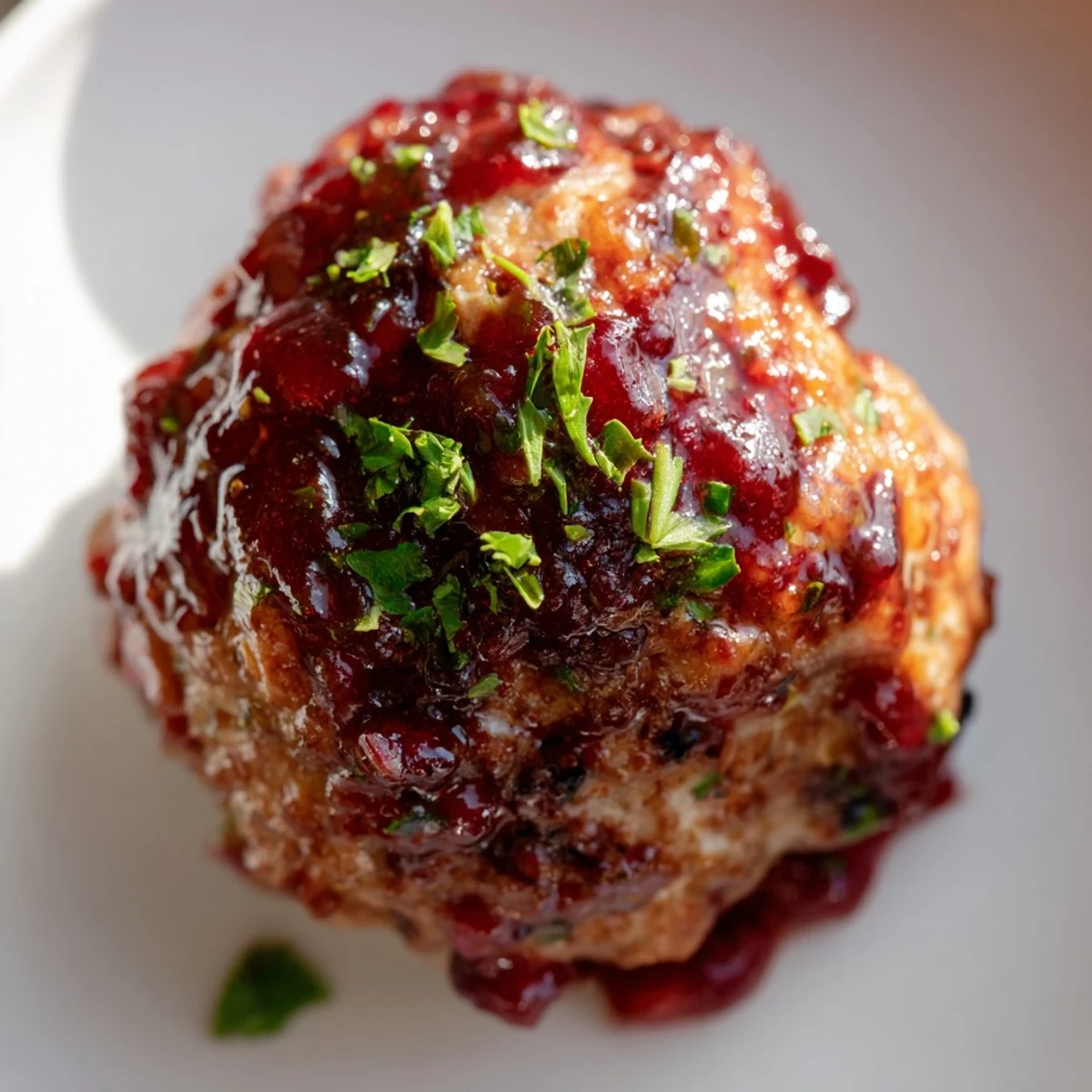 Glazed turkey meatballs with cranberry glaze arranged on a rustic platter for festive gatherings.