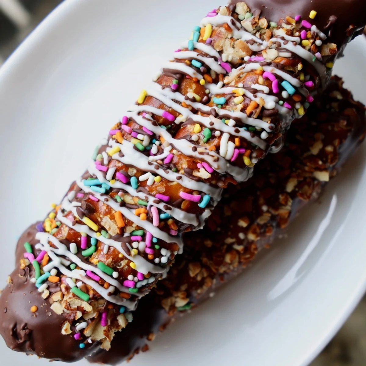 Close-up view of Chocolate Covered Pretzel Rods stacked on parchment paper with a white chocolate drizzle and crushed nuts.
