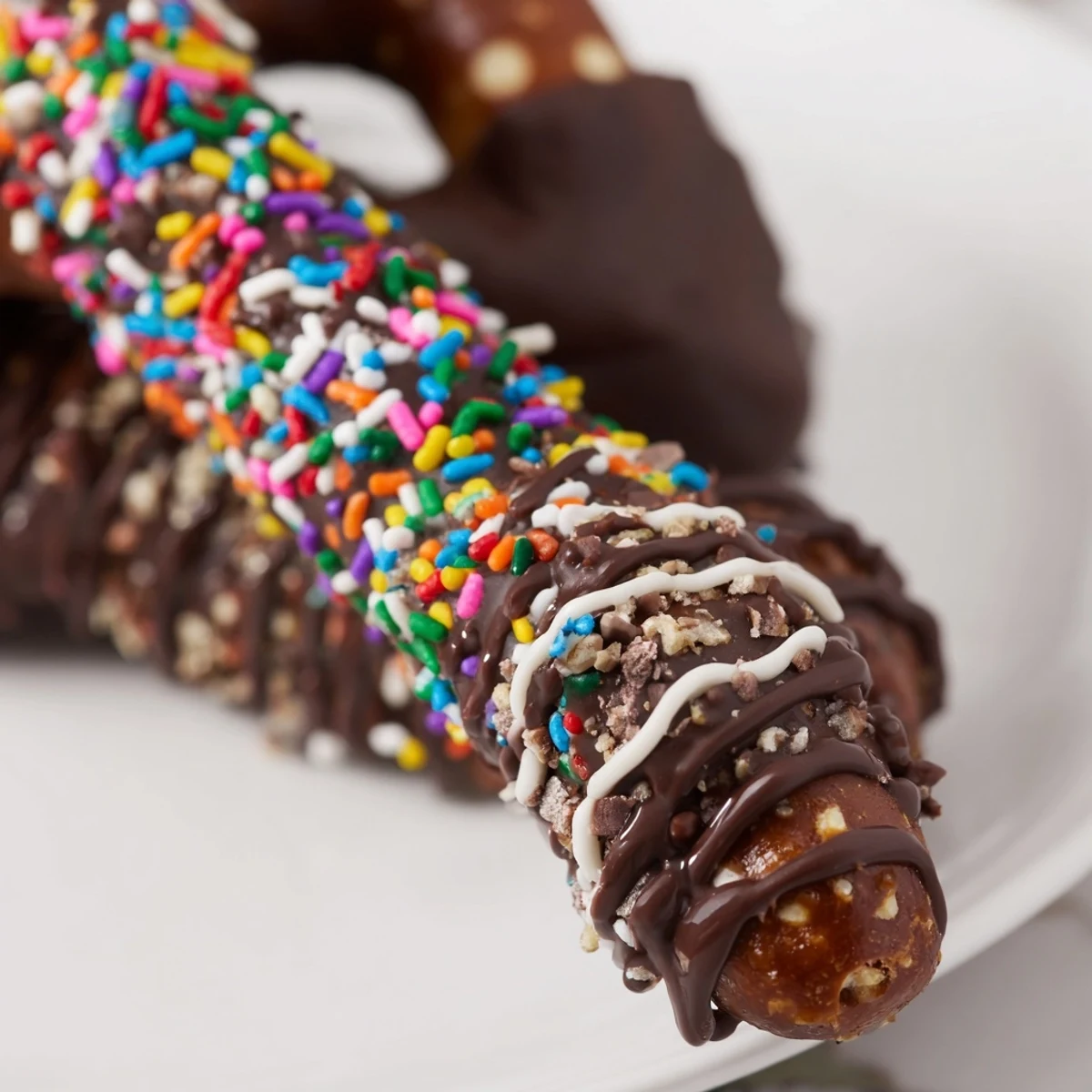 A hand holds a Chocolate Covered Pretzel Rod with a half-dipped semisweet chocolate coating and rainbow sprinkles.