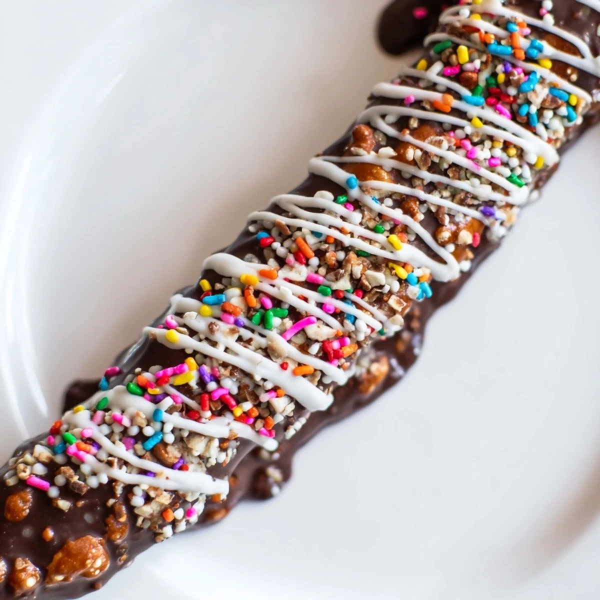 A platter of Chocolate Covered Pretzel Rods decorated with colorful sprinkles makes a perfect sweet and salty party snack.