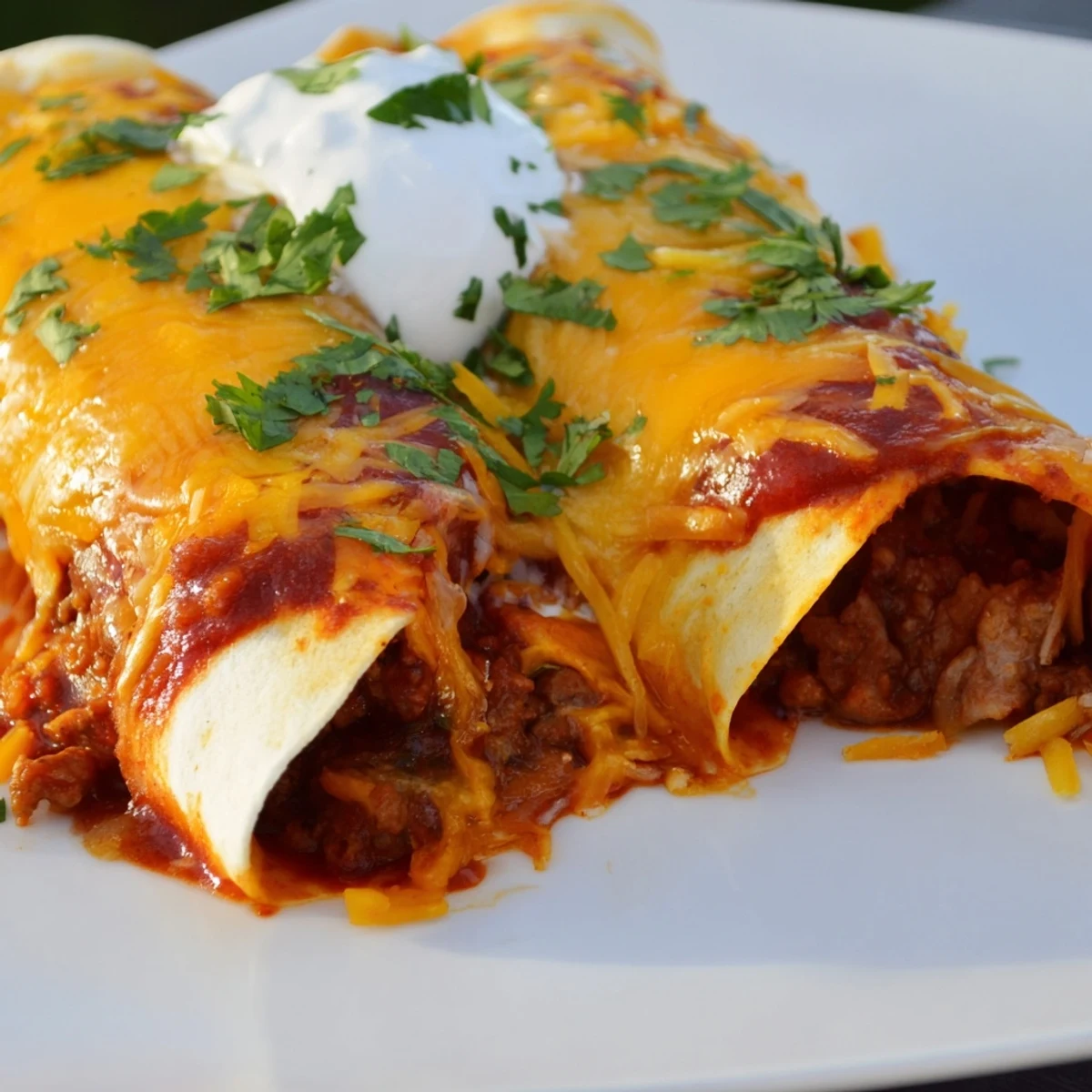 Beef Enchiladas with Red Sauce are garnished with fresh cilantro and a dollop of sour cream on a rustic table.