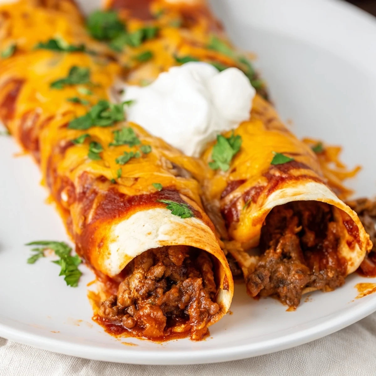 Close-up of Beef Enchiladas with Red Sauce showing tender beef and rich red sauce filling warm corn tortillas.