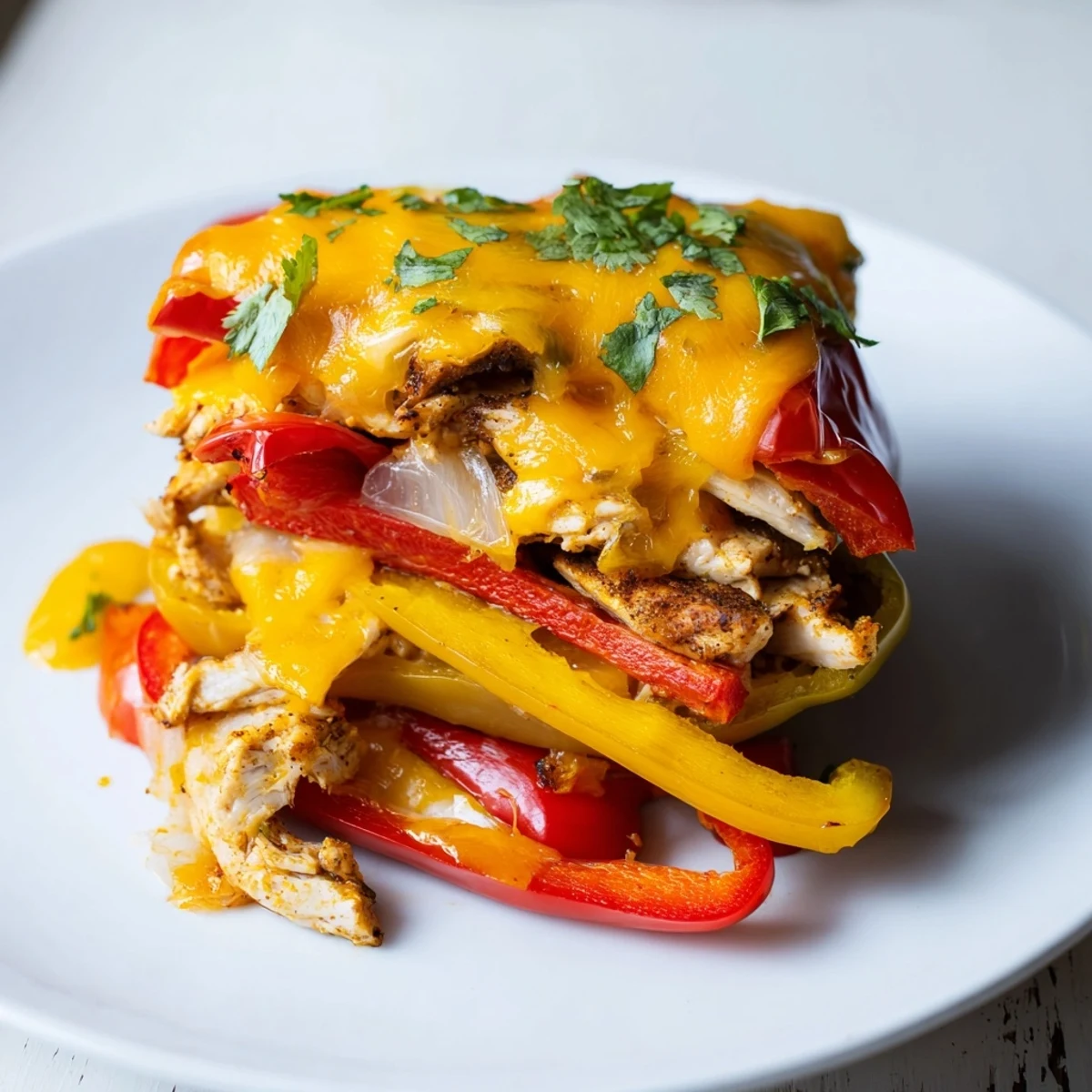 Golden-brown bell peppers stuffed with fajita-seasoned chicken, sautéed onions, peppers, and melted cheddar cheese.