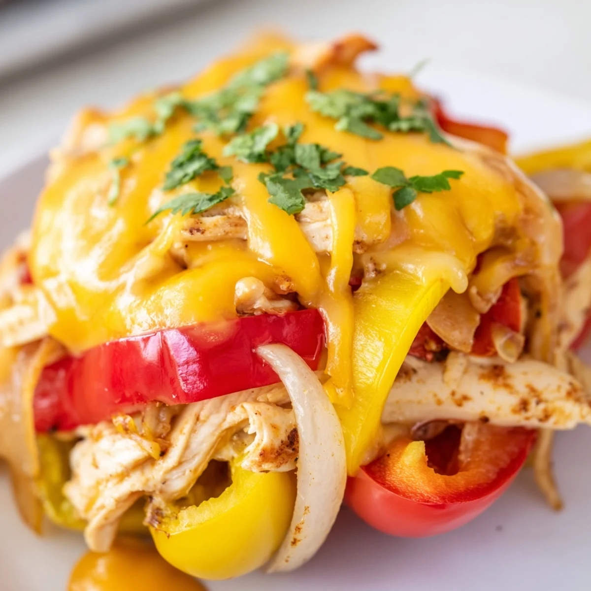 A close-up view of Chicken Fajita Stuffed Peppers topped with fresh cilantro and a dollop of sour cream.