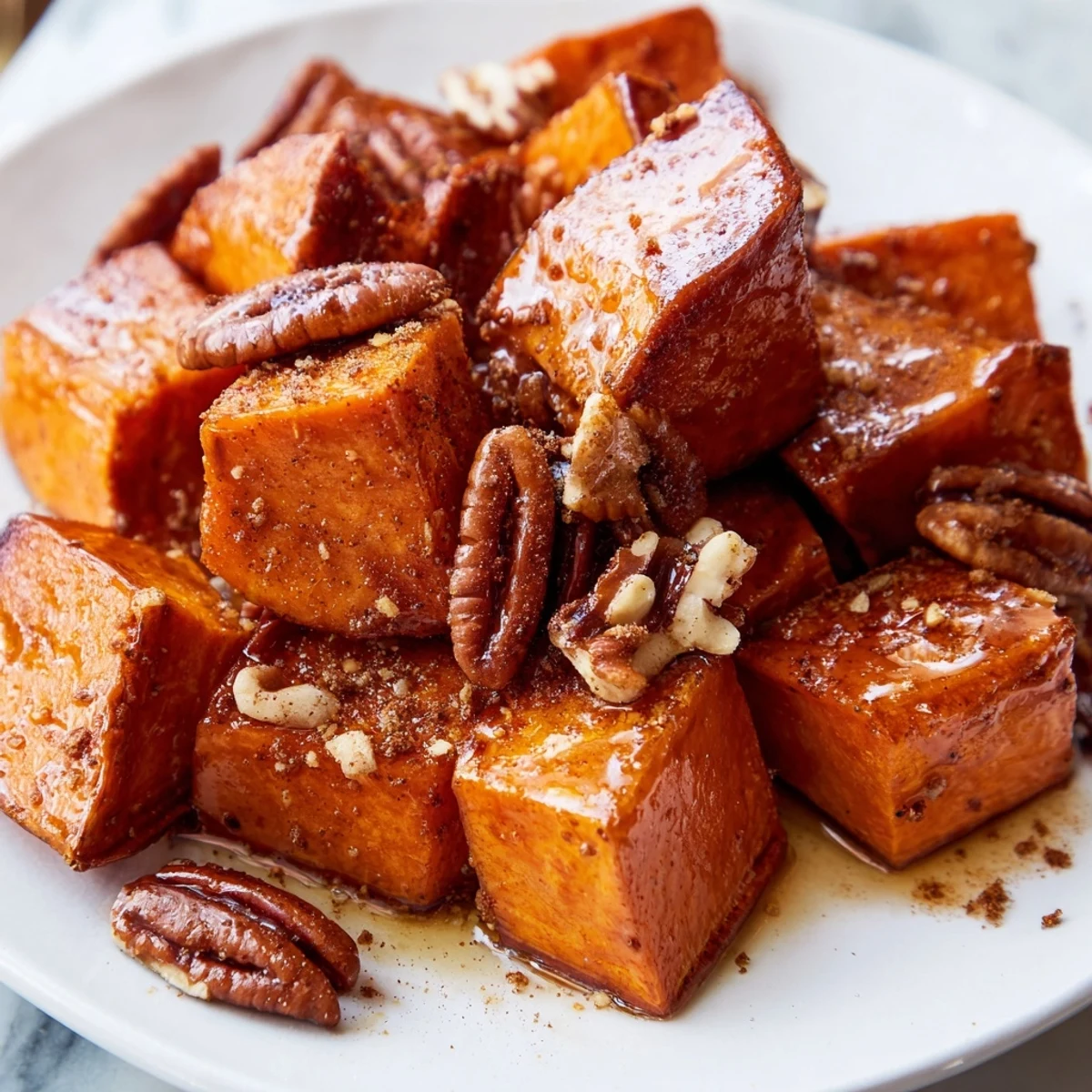 Golden roasted sweet potato cubes with toasted pecans glistening with maple syrup, served warm as a cozy American side dish.