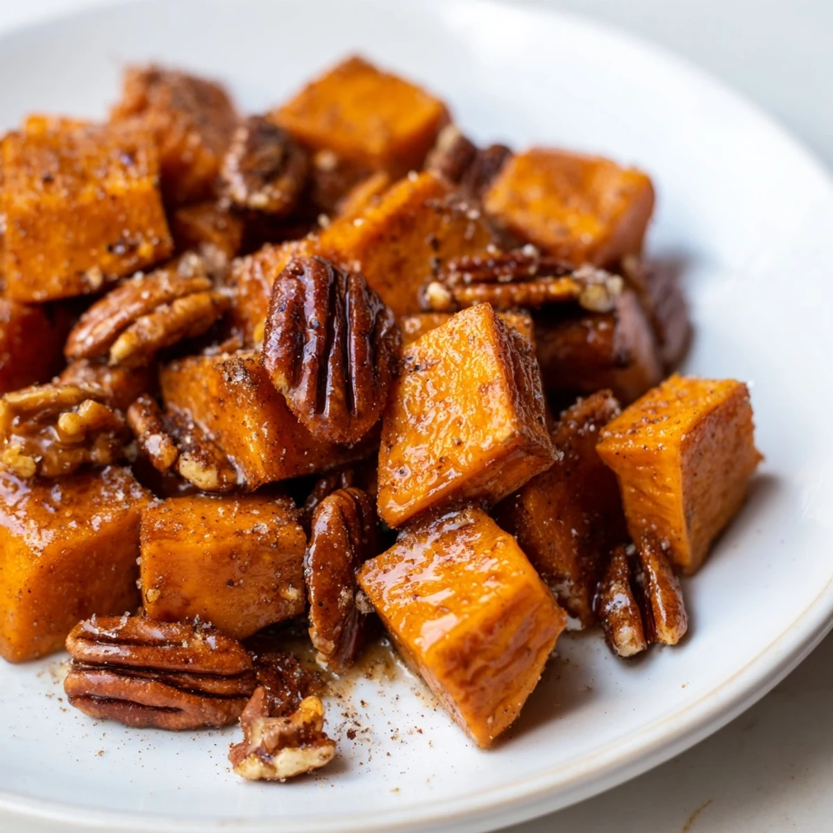 A close-up of tender roasted sweet potatoes tossed with crunchy pecans and a light maple glaze, ideal for a vegetarian meal.
