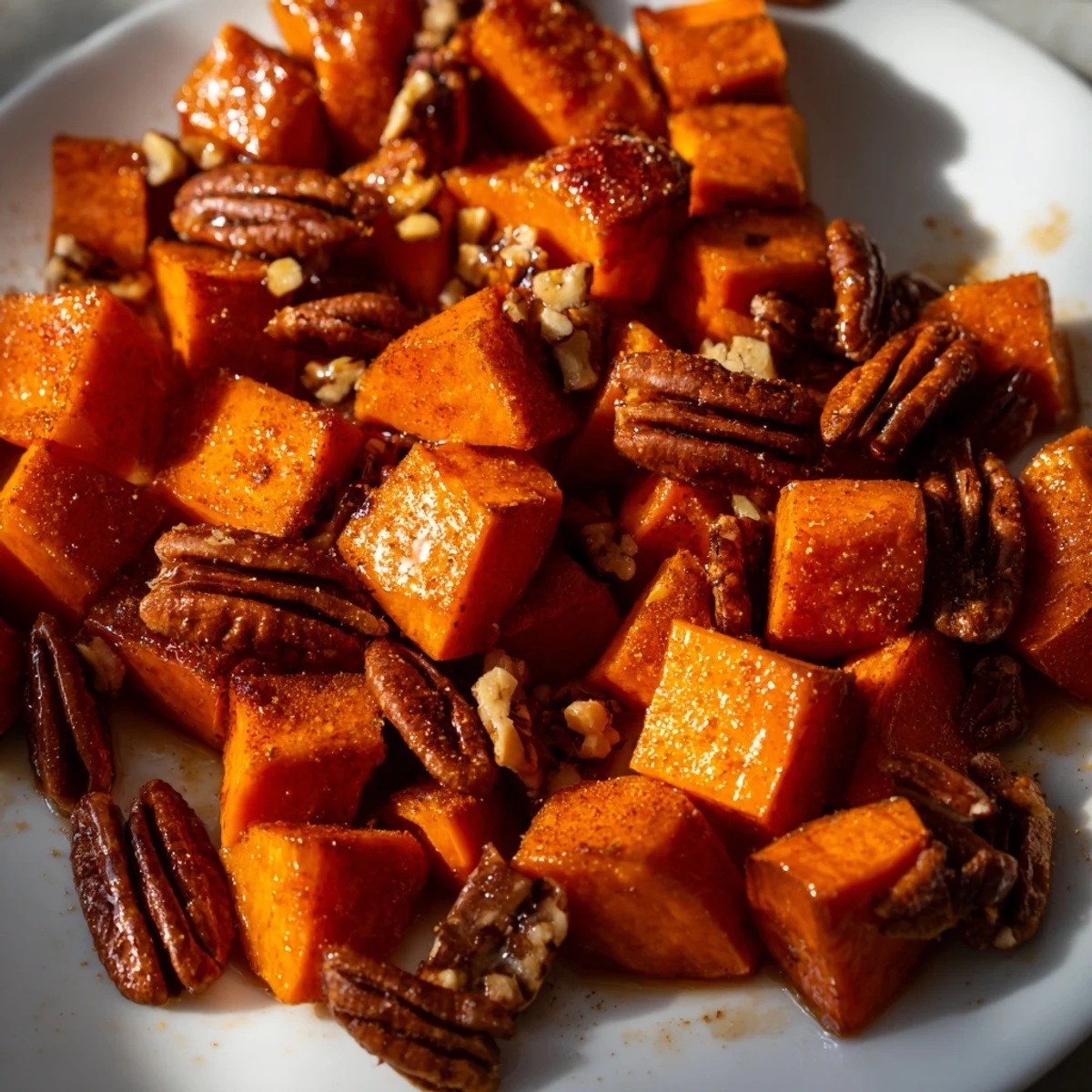 Hearty roasted sweet potatoes with pecans on a rustic platter, aromatically spiced with cinnamon and nutmeg, perfect alongside poultry.