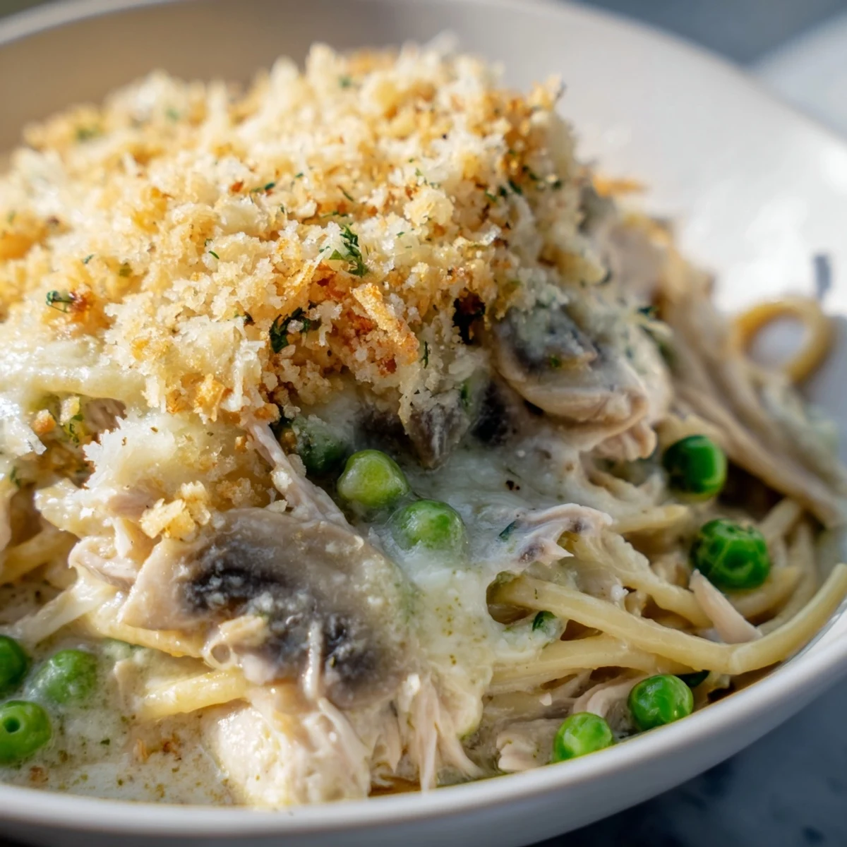A creamy spoonful of Turkey Tetrazzini reveals tender turkey pieces and sliced mushrooms in a rich, cheesy sauce with peas.