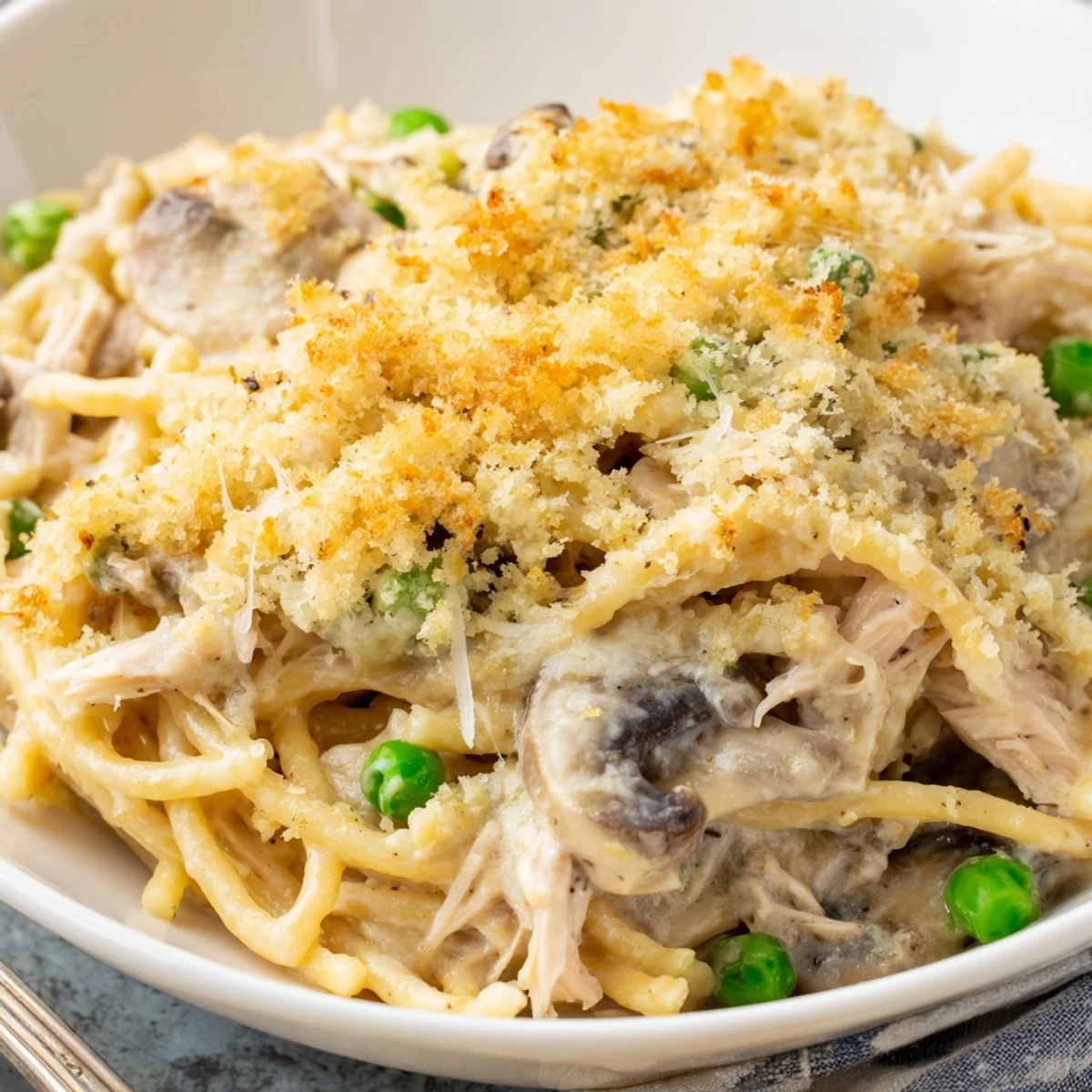 Golden-brown Turkey Tetrazzini with melted mozzarella and breadcrumbs, served hot in a casserole dish next to a glass of white wine.