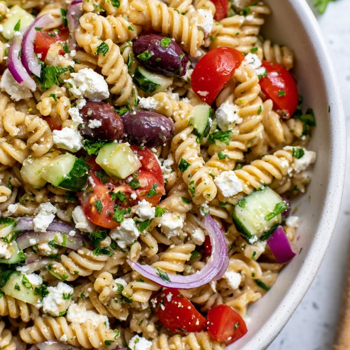 A bowl of Mediterranean Pasta Salad with Olives, featuring penne, feta, and bright vegetables on a rustic table.