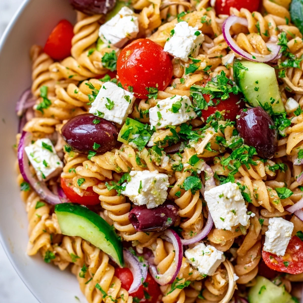 Mediterranean Pasta Salad with Olives is tossed in a wooden bowl, showcasing briny Kalamata olives and fresh parsley garnish.