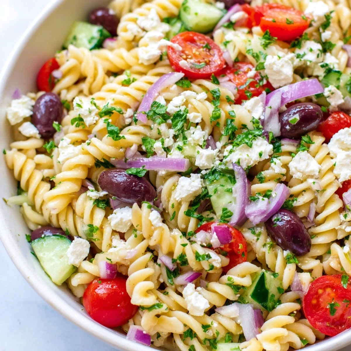 Close-up of Mediterranean Pasta Salad with Olives, highlighting crumbled feta, juicy tomatoes, and a glistening red wine vinaigrette.