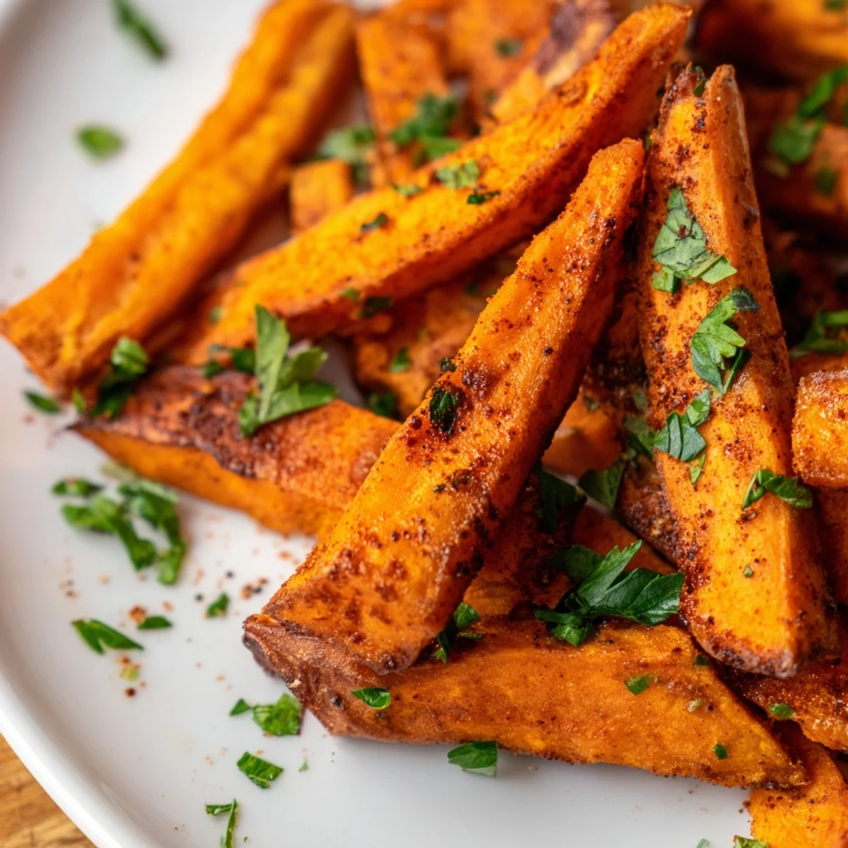 Golden brown Crispy Air Fryer Sweet Potato Fries seasoned with smoked paprika, served in a white bowl.