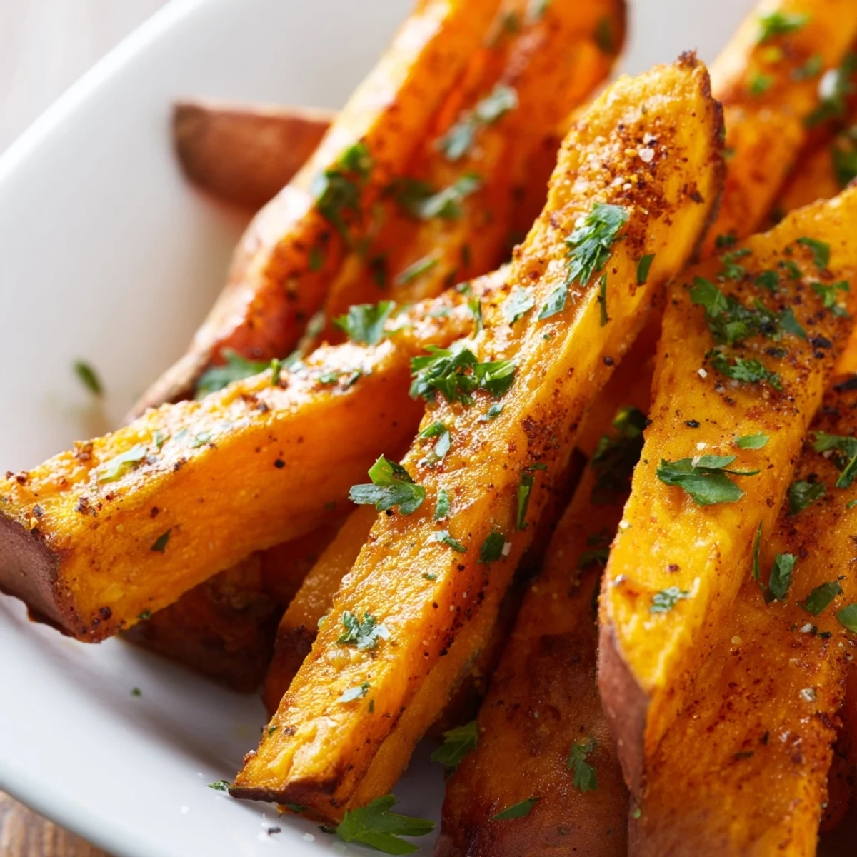 Parsley garnish on a batch of Crispy Air Fryer Sweet Potato Fries, showing the crispy edges and texture.