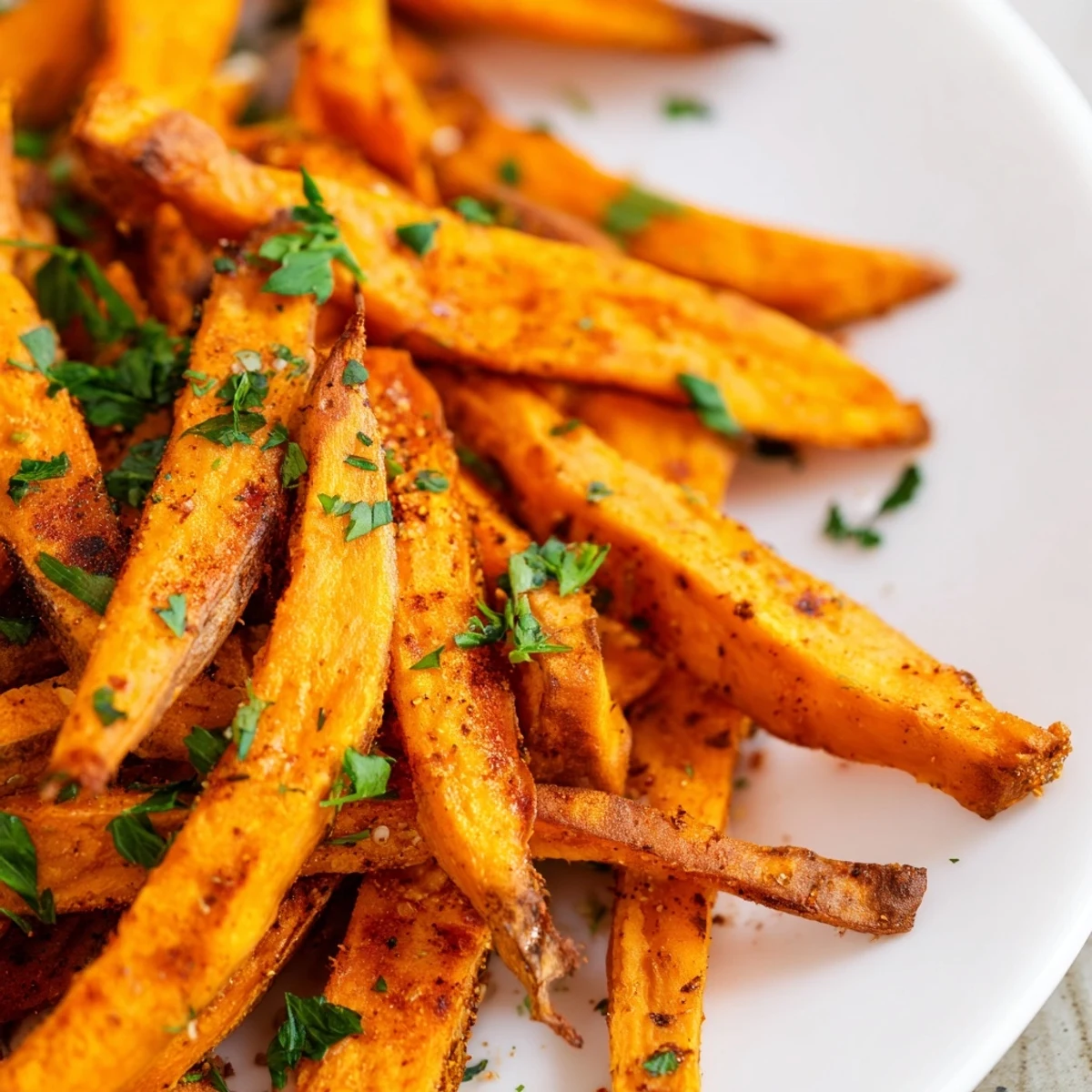 Perfectly cooked Crispy Air Fryer Sweet Potato Fries alongside a hamburger and dipping sauce on a plate.