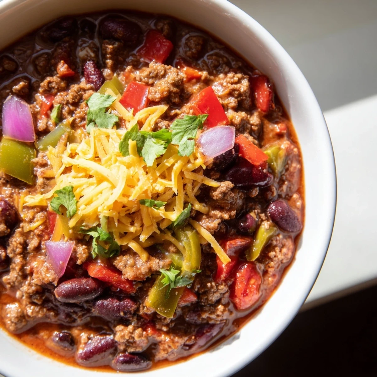 Slow Cooker Chili with Ground Beef served in rustic bowls, garnished with cilantro and jalapeños for a spicy kick.