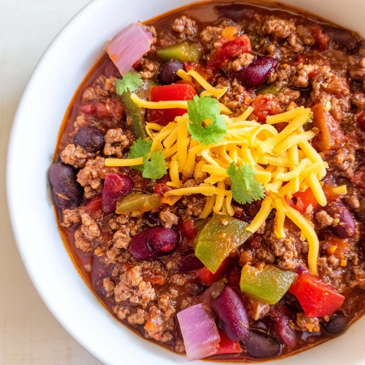 Close-up of Slow Cooker Chili with Ground Beef in a slow cooker, featuring tender beans and savory beef in a rich tomato sauce.