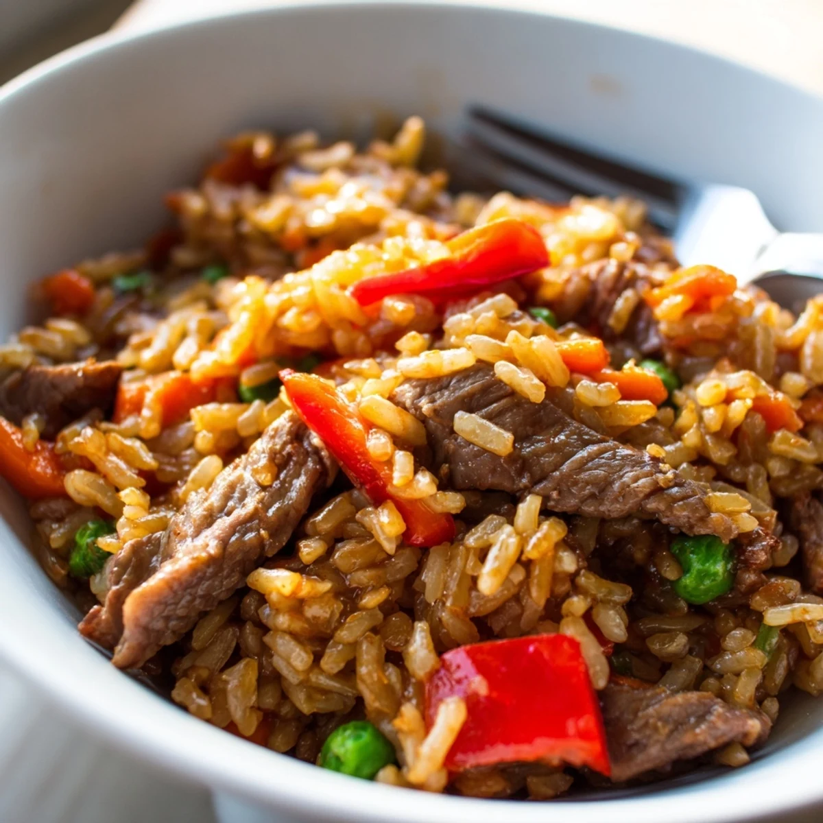 Hearty Beef Fried Rice with Vegetables features tender beef strips and jasmine rice tossed in a savory soy sauce.