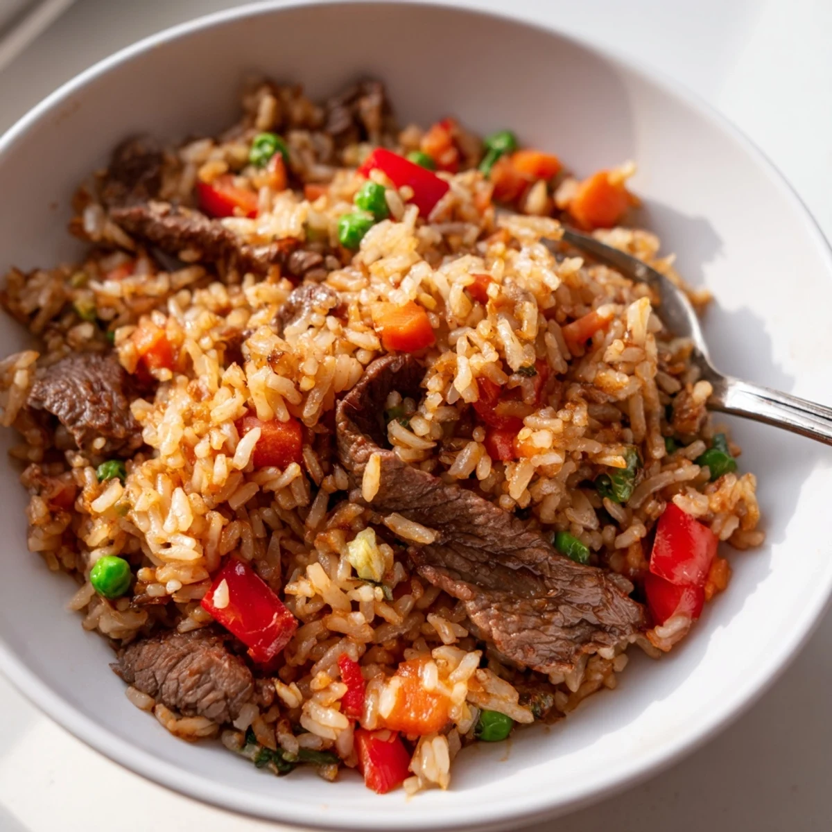 Garnished with fresh green onions, this Beef Fried Rice with Vegetables makes a perfect weeknight dinner for four people.