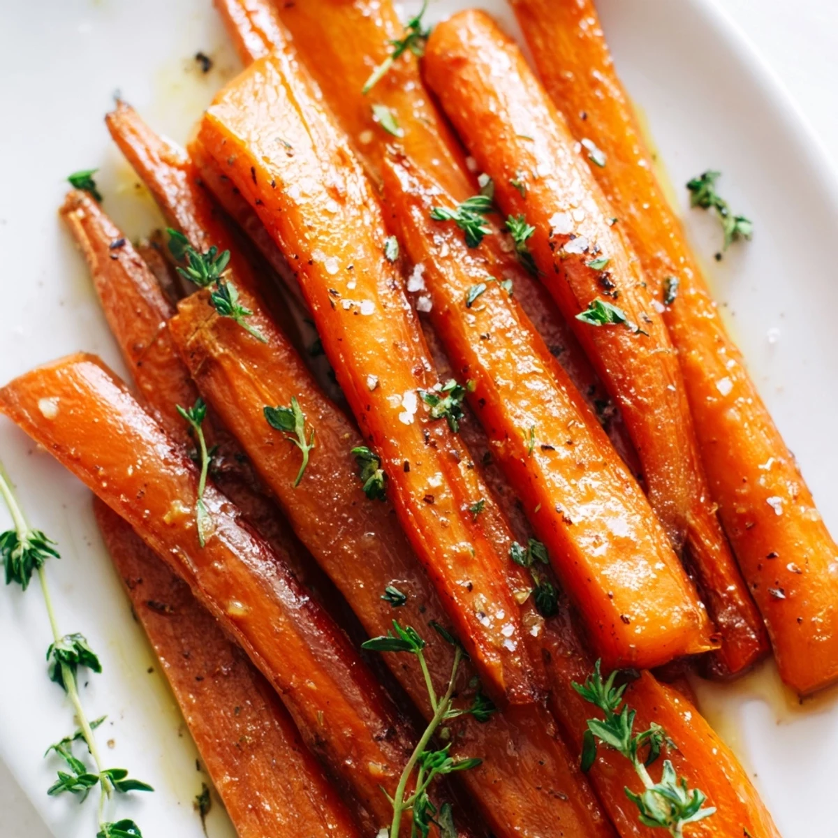 Close up of caramelized roasted carrots with honey and thyme in a skillet, highlighting their glistening sweet glaze.