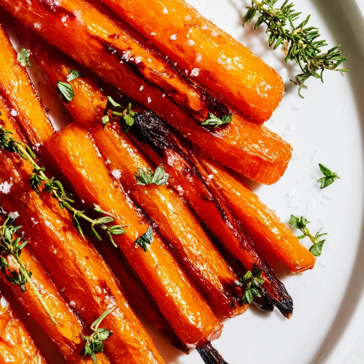 Tender honey glazed carrots with thyme served warm alongside a juicy roasted chicken for a family dinner.