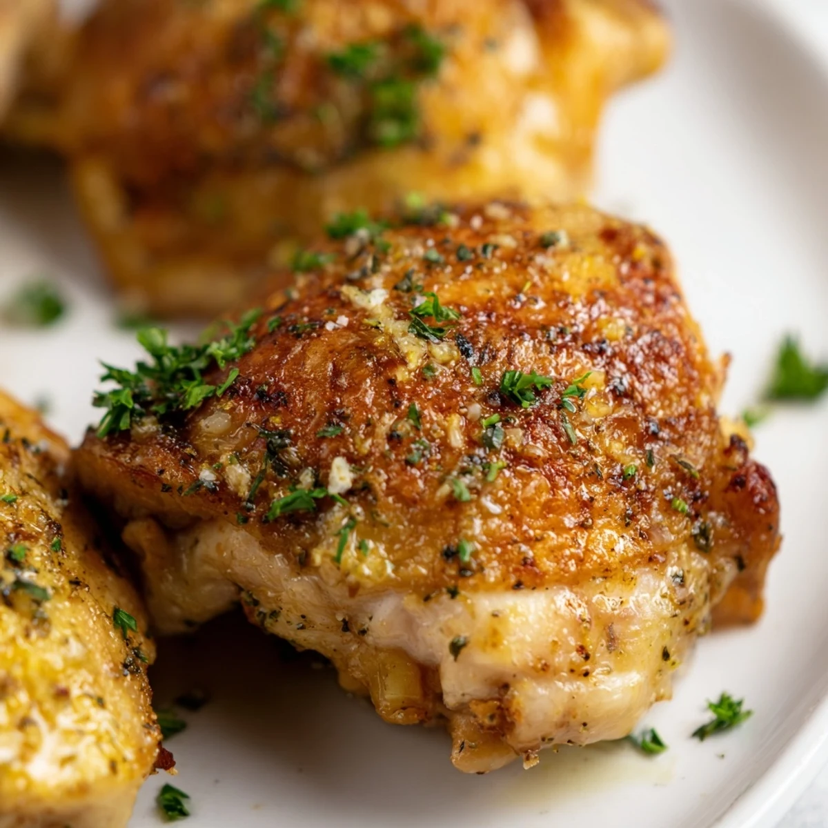 Juicy Lemon Garlic Roasted Chicken Thighs paired with roasted potatoes, showcasing a bright Mediterranean-inspired dinner for four.