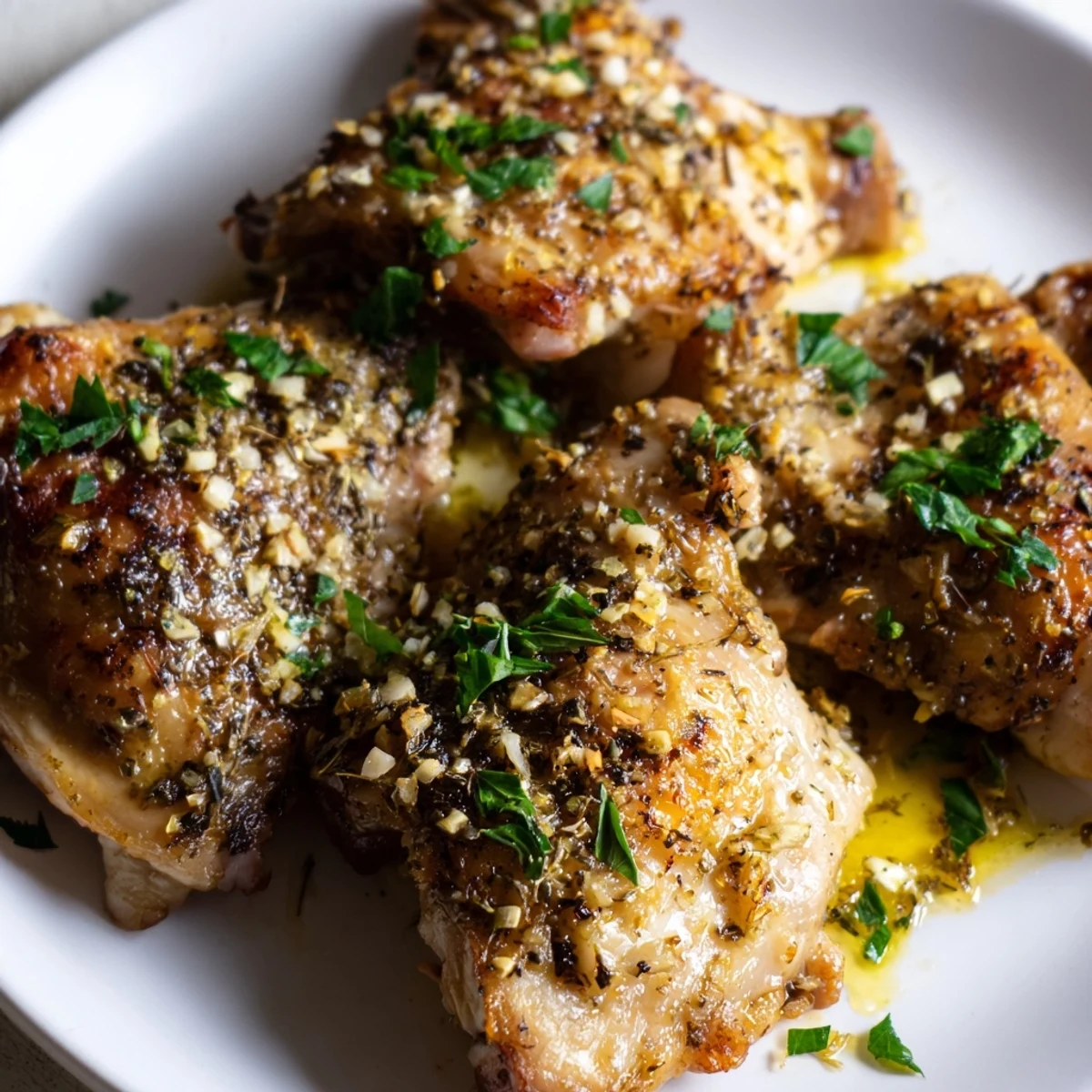 Crispy, golden-skinned Lemon Garlic Roasted Chicken Thighs fresh from the oven, garnished with parsley and lemon wedges.