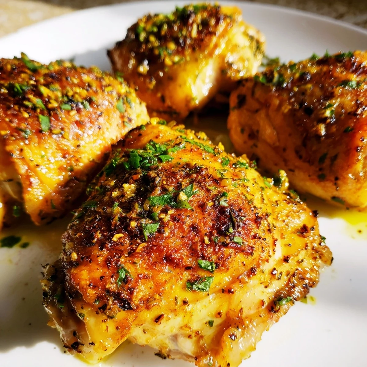 Close-up of tender Lemon Garlic Roasted Chicken Thighs with glistening herbs and garlic, plated for a family-style meal.