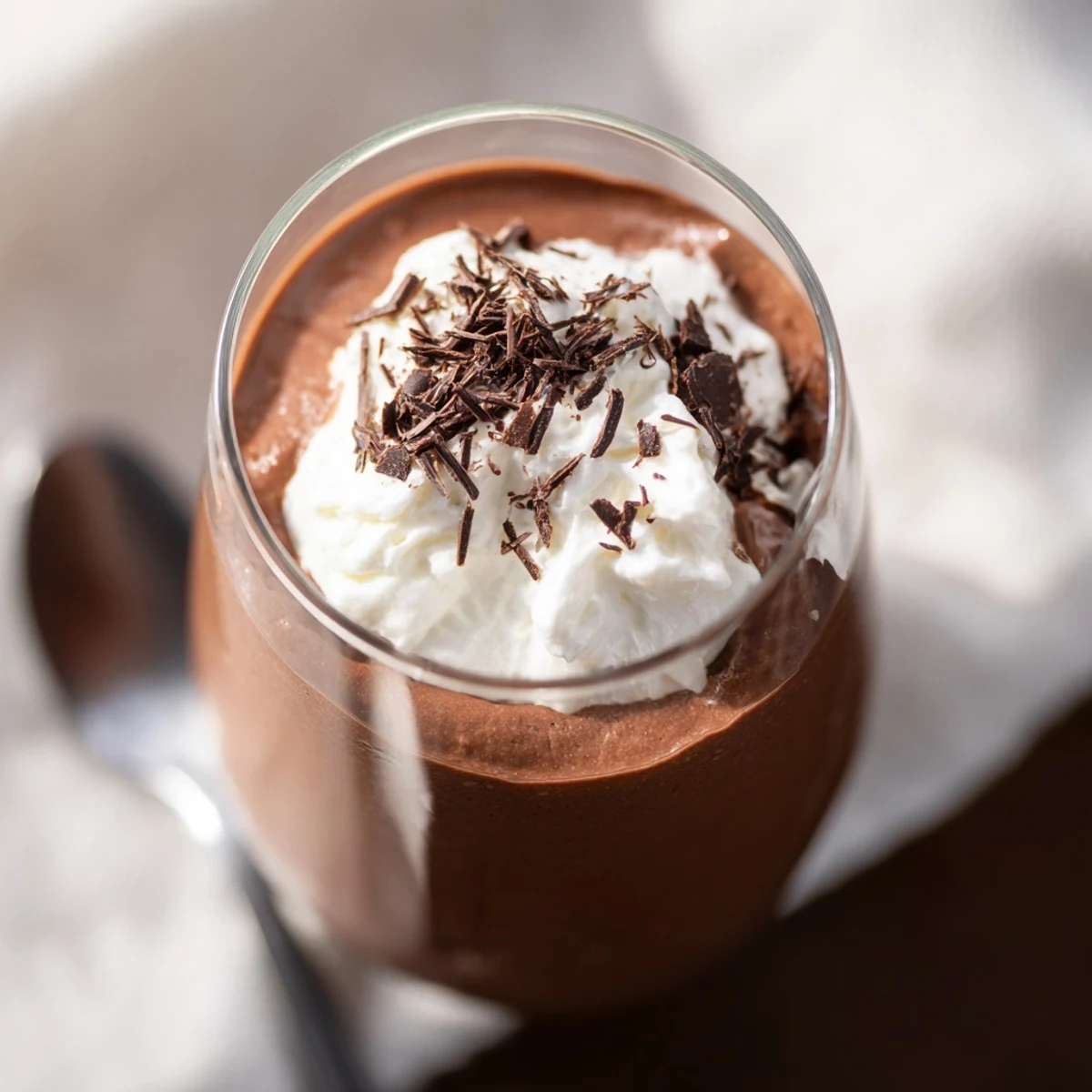 Creamy chocolate mousse with whipped cream in elegant glasses, garnished with chocolate curls and fresh raspberries for a rich dessert.