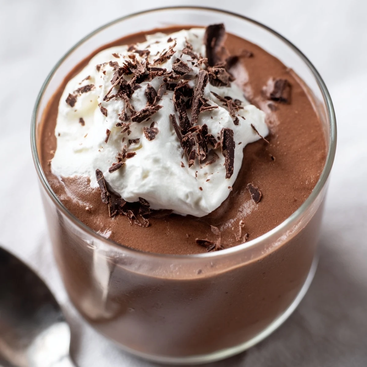 Chocolate mousse topped with airy whipped cream and cocoa powder served in ramekins, a decadent treat perfect for dinner parties.