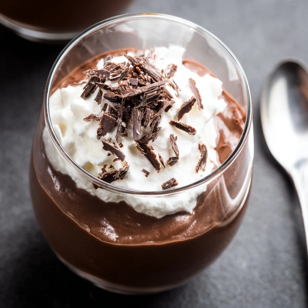 Luscious chocolate mousse with whipped cream, chocolate shavings, and berries presented in serving glasses, a luxurious French-inspired dessert recipe.