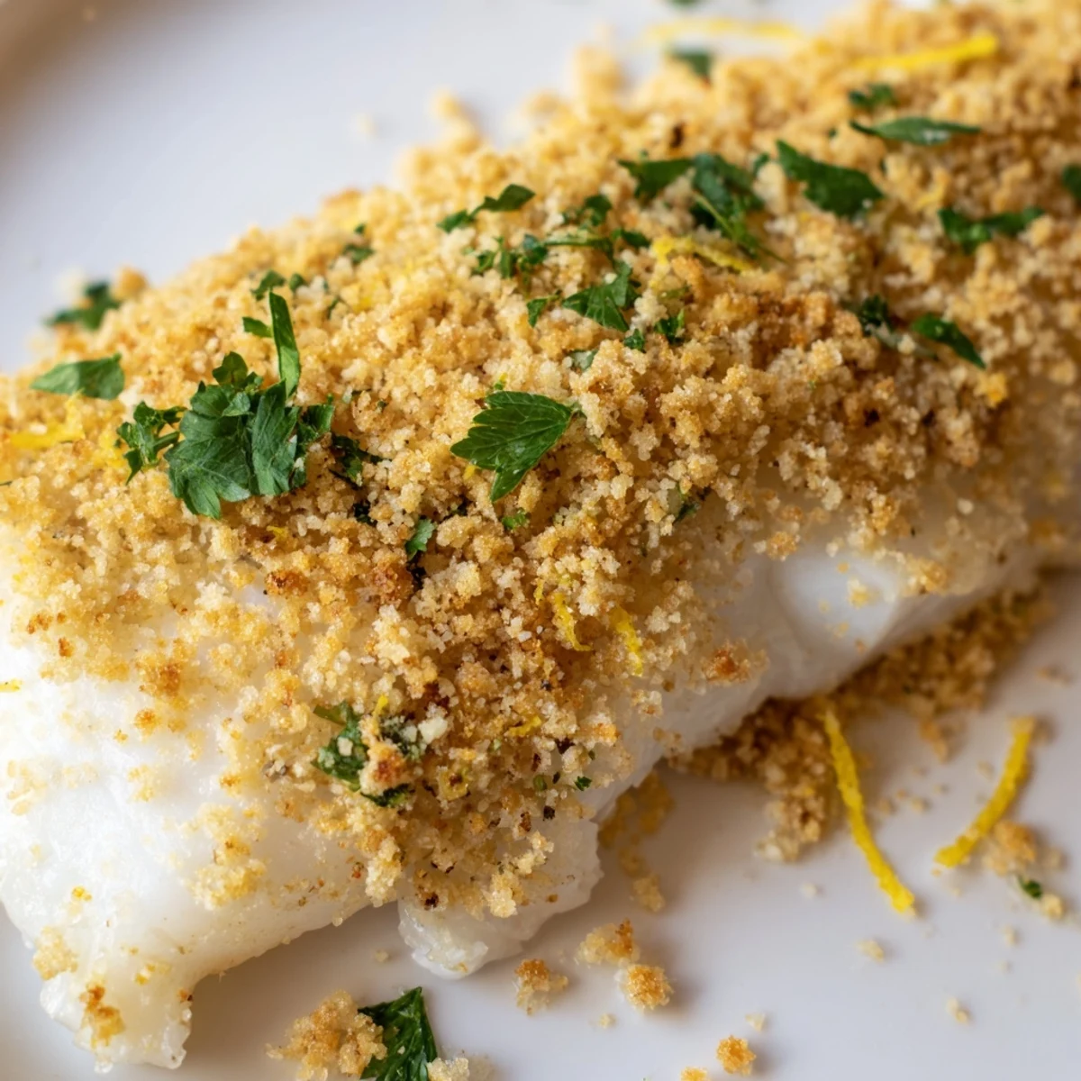 Golden, crispy Baked Cod with Cracker Crumb Topping fresh from the oven with lemon wedges and parsley. 