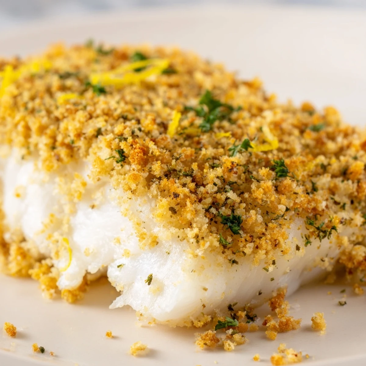 Easy American Baked Cod with Cracker Crumb Topping served with lemon wedges for a quick dinner.