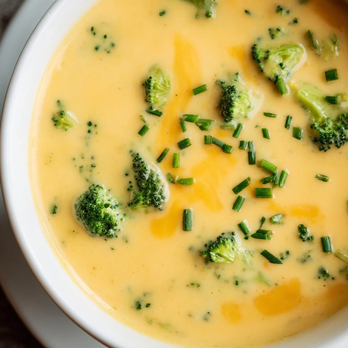 Creamy Broccoli Cheddar Soup with Bread served steaming in a rustic bowl, garnished with extra cheddar and chives.