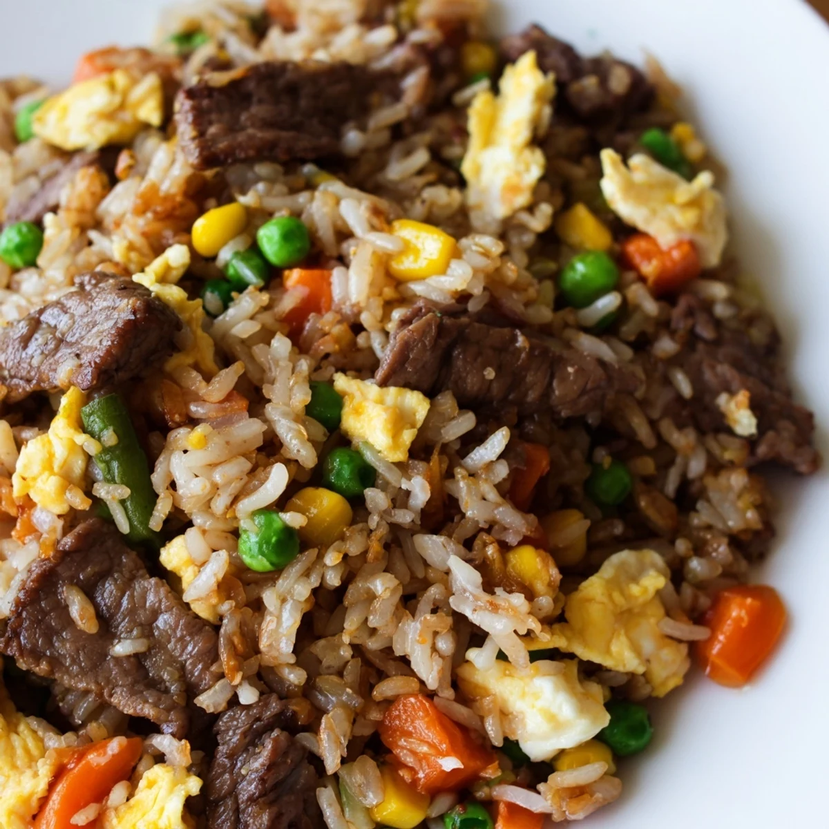 Golden brown beef strips, fluffy scrambled eggs, and colorful mixed vegetables are stir-fried with jasmine rice and savory sauce in a hot wok.