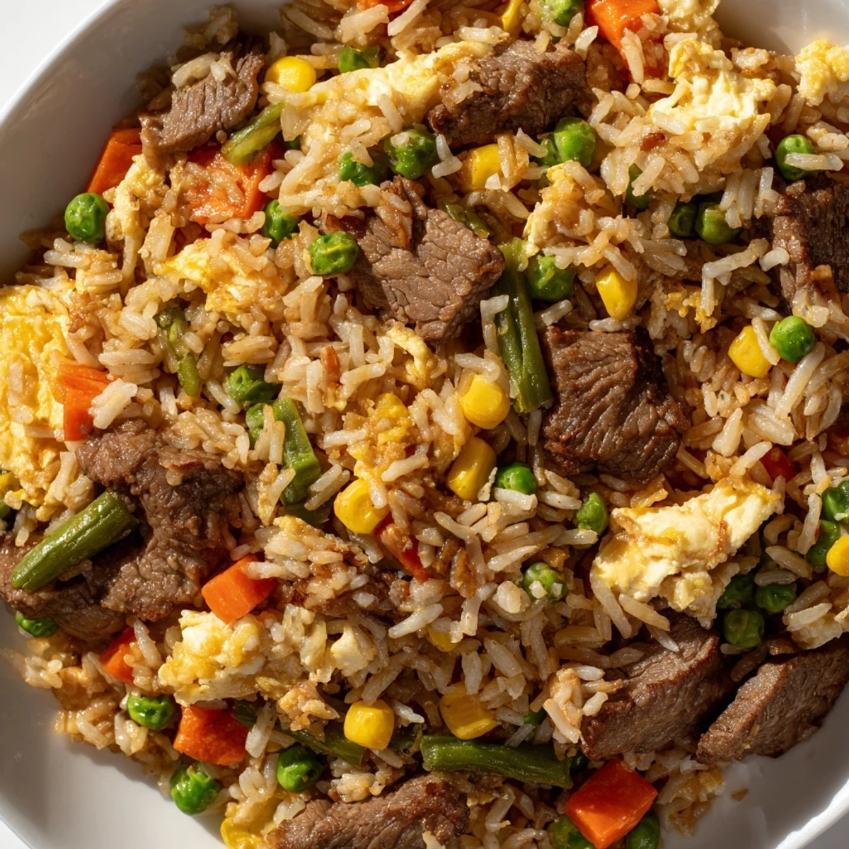 A close-up of steaming Beef Fried Rice with Mixed Vegetables and Egg, served in a white bowl with chopsticks resting on the side.