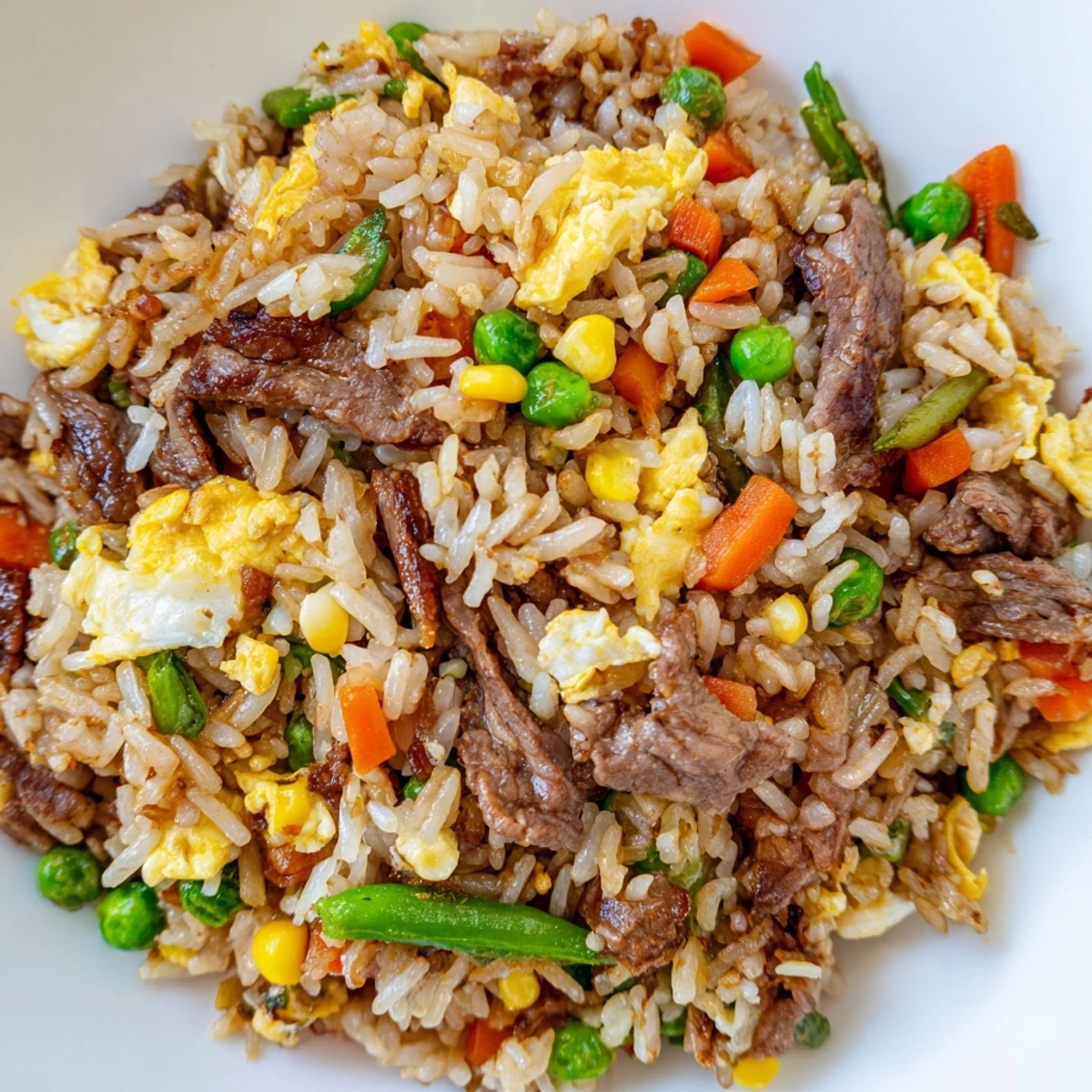 Tender marinated beef, crisp peas and carrots, and scrambled egg mixed into fried rice, capturing the rich umami flavors of this quick dinner.