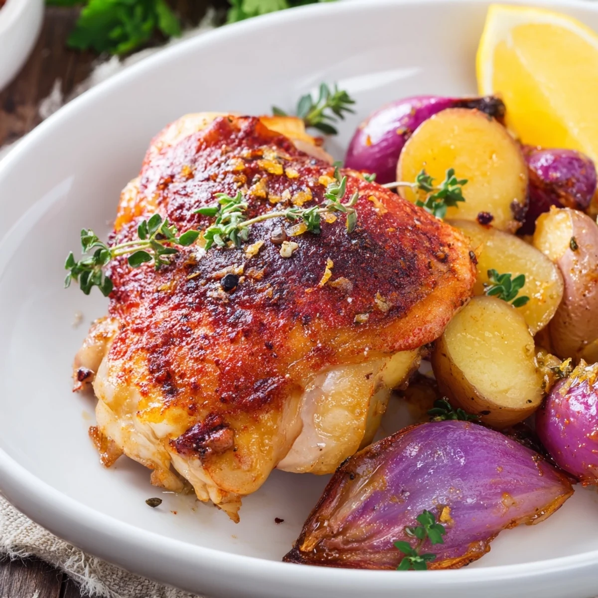 Golden-skinned Lemon Garlic Roasted Chicken Thighs with Potatoes resting beside fresh rosemary sprigs.