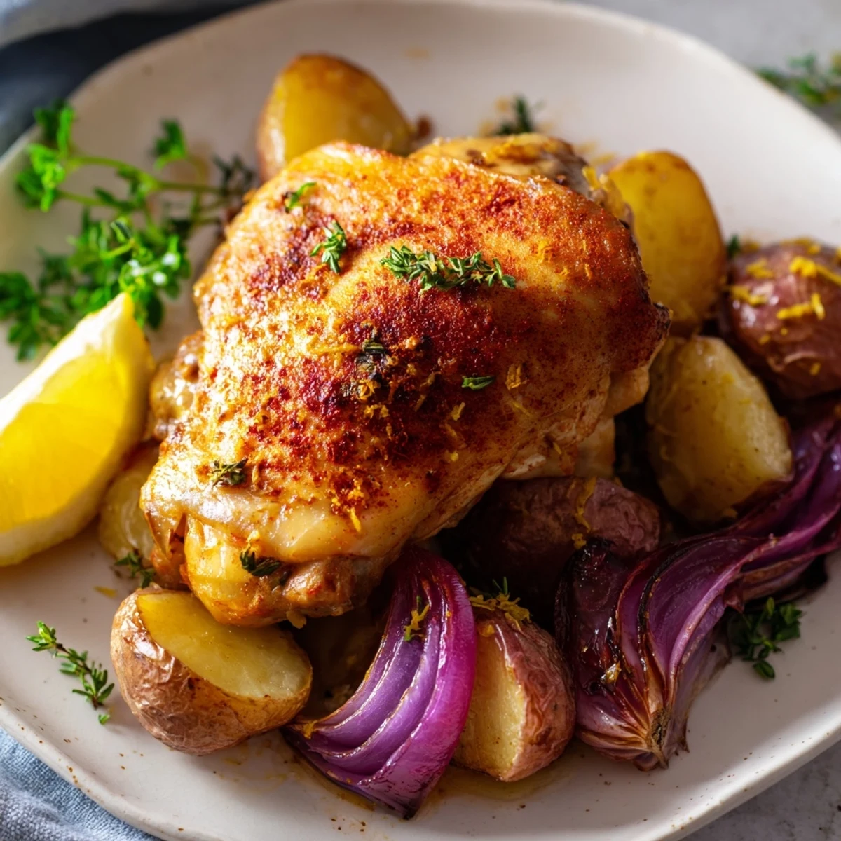 Juicy Lemon Garlic Roasted Chicken Thighs with Potatoes served with lemon wedges and a white wine.