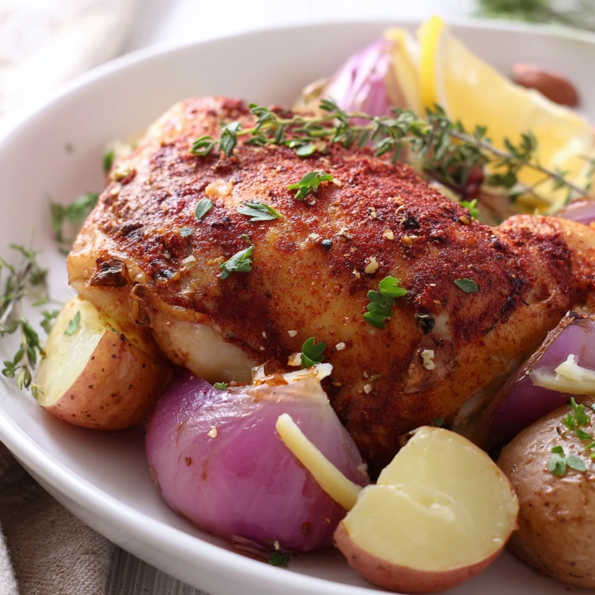 Crispy Lemon Garlic Roasted Chicken Thighs with Potatoes baked on a pan with roasted red onions.
