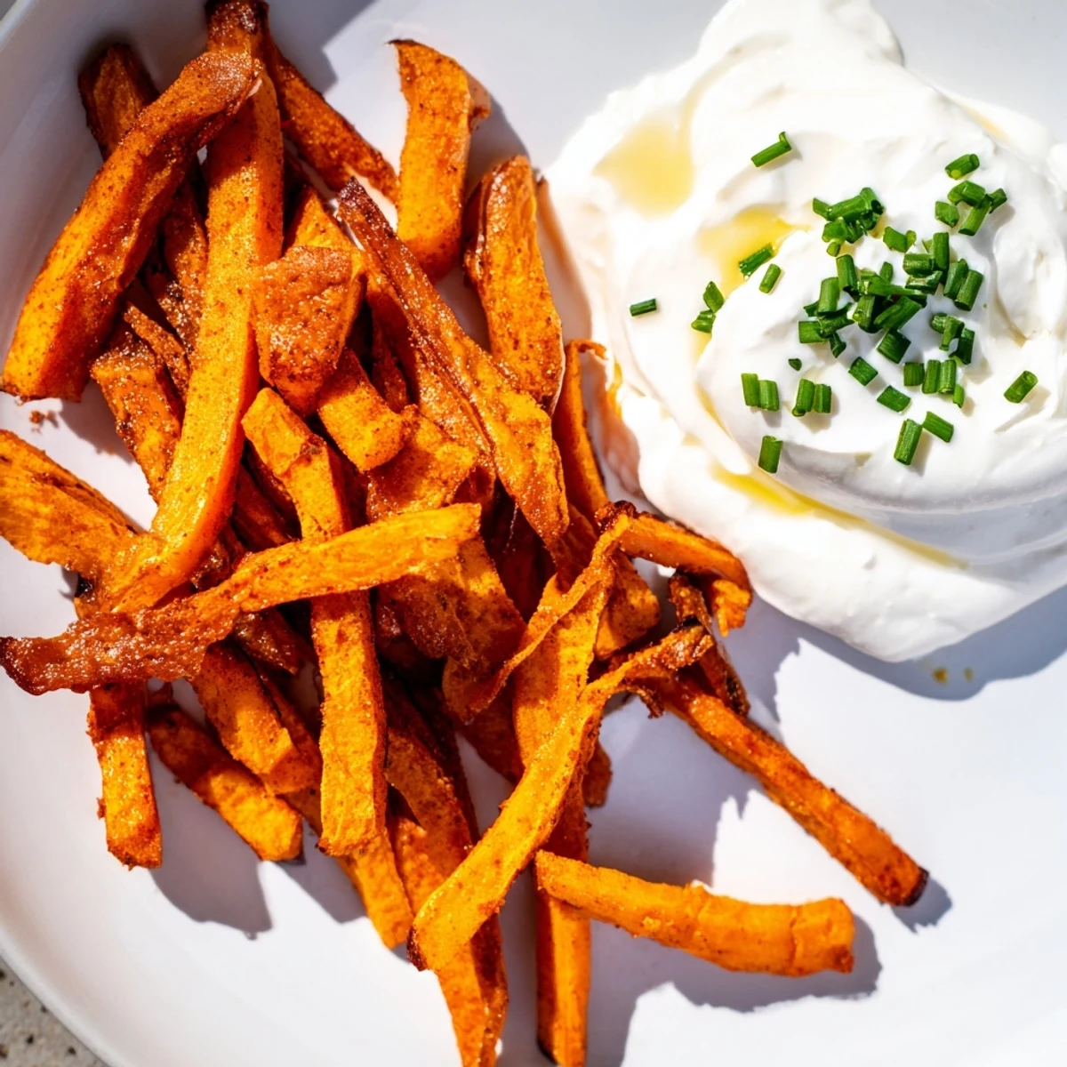 Crispy Air Fryer Sweet Potato Fries with Dip are golden-orange and perfectly crunch, paired with a creamy white dipping sauce for a healthy snack.
