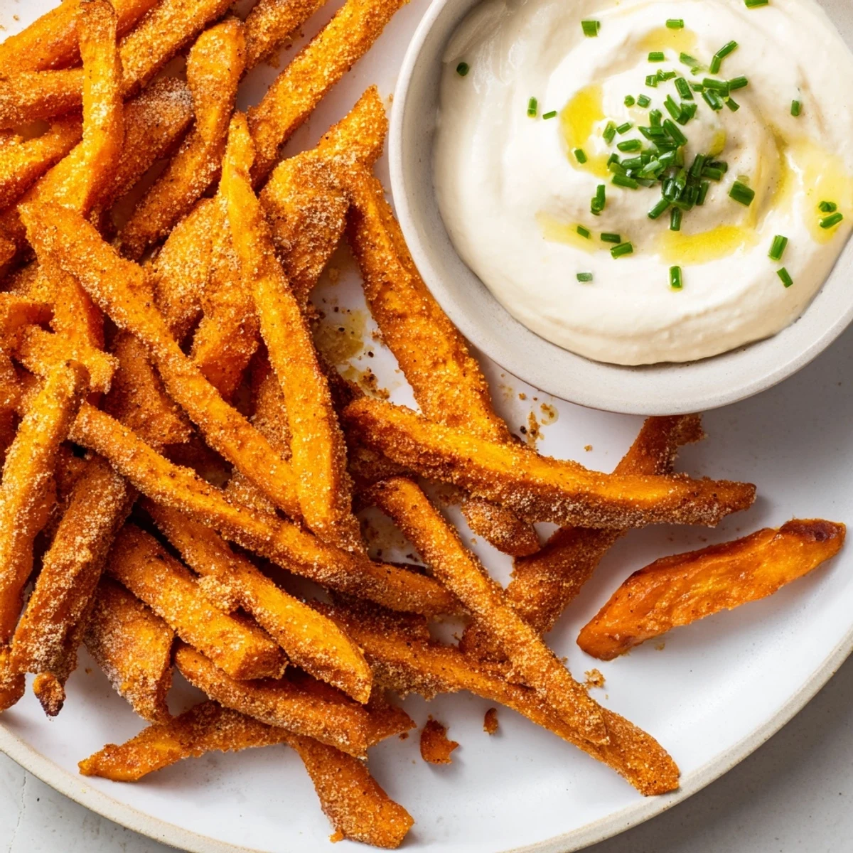 Served hot on a rustic plate, Crispy Air Fryer Sweet Potato Fries with Dip shine alongside fresh herbs and a swirl of tangy yogurt sauce.