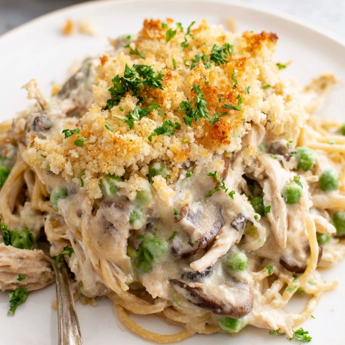 Fork lifting creamy Turkey Tetrazzini with mushrooms, peas, and shredded turkey from a casserole dish