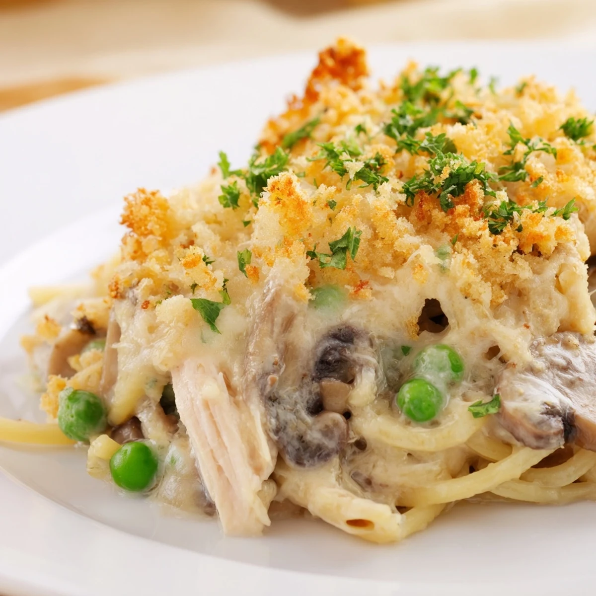 Sliced baked Turkey Tetrazzini served on a white plate with fresh parsley garnish and steam rising